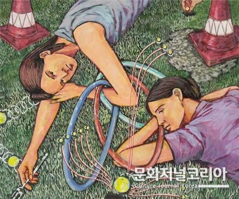 <가만히 있는 척> 장지에 채색, 60x72cm, 2022