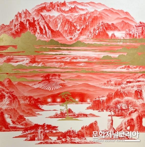 이세현, Beyond Red 022 Dec 07 Gold leaf, Oil on Linen 130x130cm 2022ⓒ CHUNGDAM BEAUXARTS GALLERY 청담 보자르 갤러리