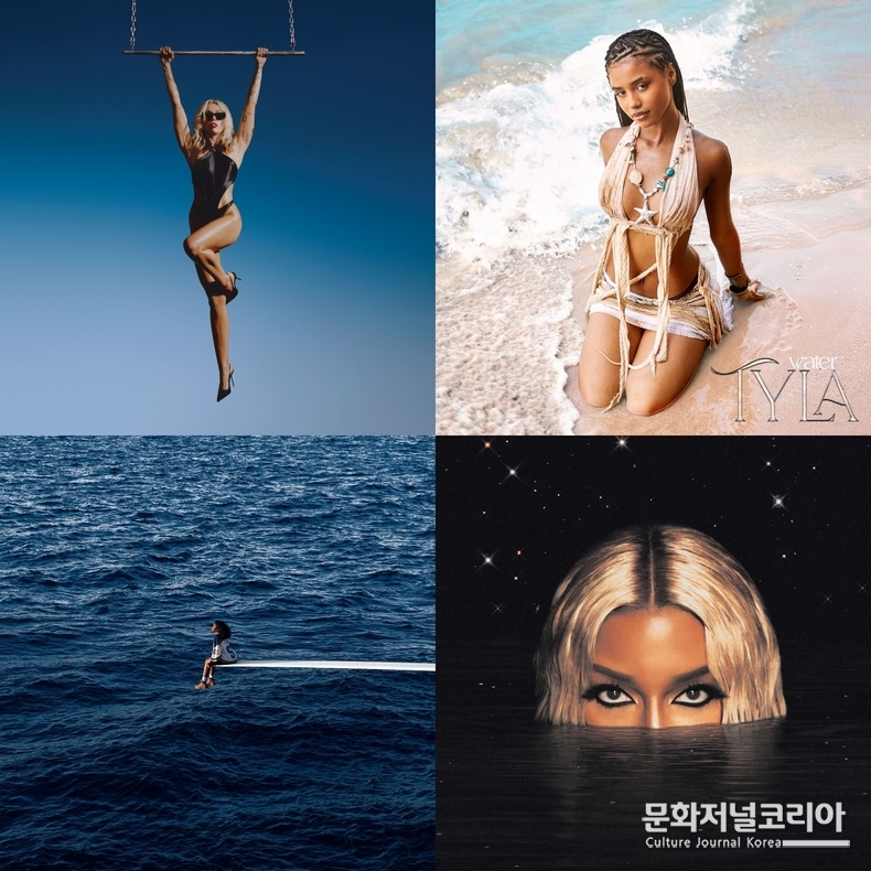 앨범 커버 사진 4분할 = (왼쪽 상단부터) 마일리 사이러스 ‘Flowers’ / 타일라 ‘Water’ / 시저 ‘SOS’ / 빅토리아 모네 ‘JAGUAR II’ 사진제공 = 소니뮤직엔터테인먼트코리아