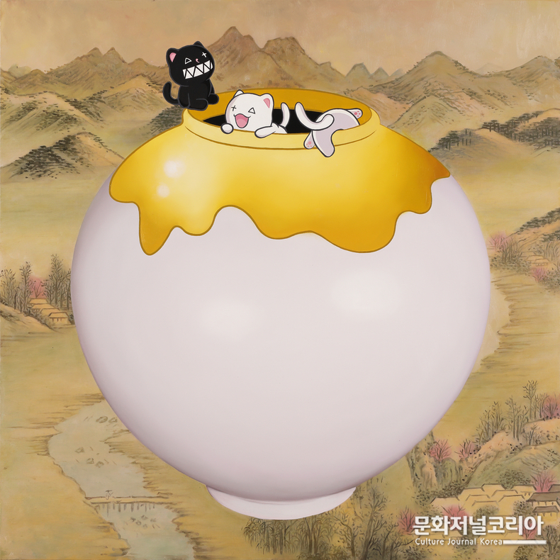 ▲낸시랭, Bubble Coco Honey jar (Kkuldanji), 91.0×91.0cm, Oil on Canvas, 2022