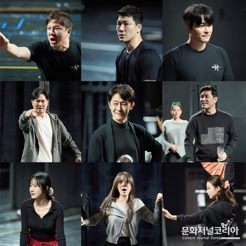 뮤지컬 <영웅> 연습실 스케치(좌측부터 안중근 역 정성화, 양준모, 민우혁, 이토 역 김도형, 서영주, 최민철, 설희 역 유리아, 정재은, 솔지) Ι 제공 :: 에이콤