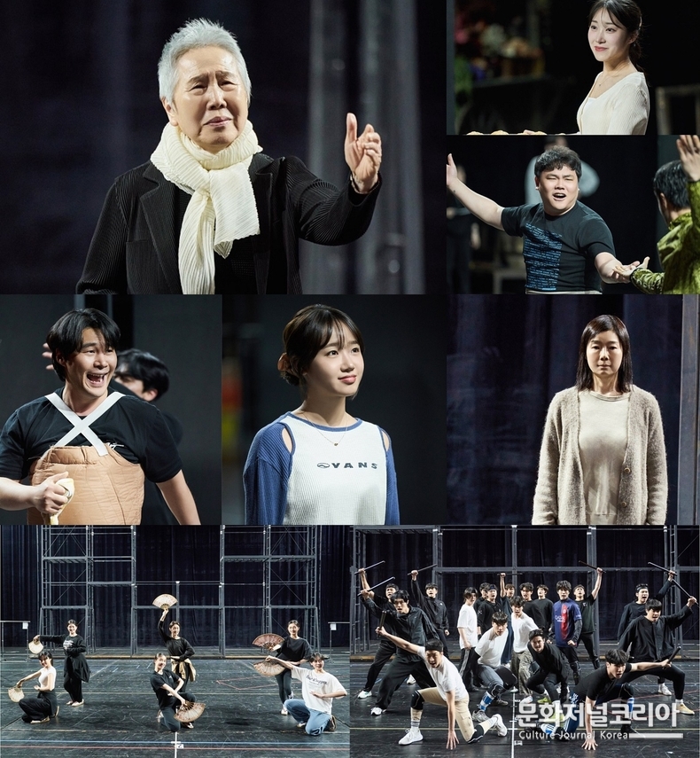 뮤지컬 <영웅> 연습실 스케치(좌측부터 조마리아 역 박정자, 링링 역 오윤서, 왕웨이 역 방보용, 왕시명, 링링 역 최유정, 조마리아 역 임선애 / 앙상블 Ι 제공 :: 에이콤