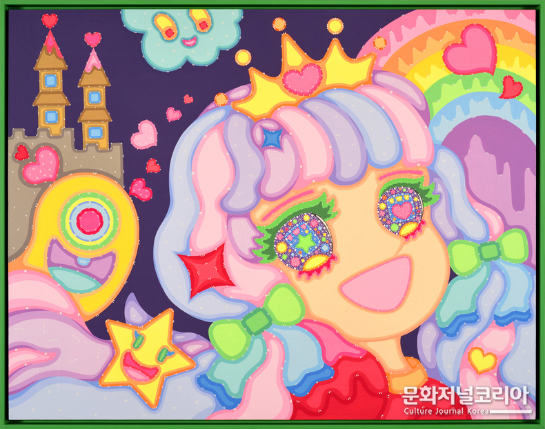 이사라, Wonderland, 95 x 121 cm, Acrylic on wood, 2024, Pop Green frame