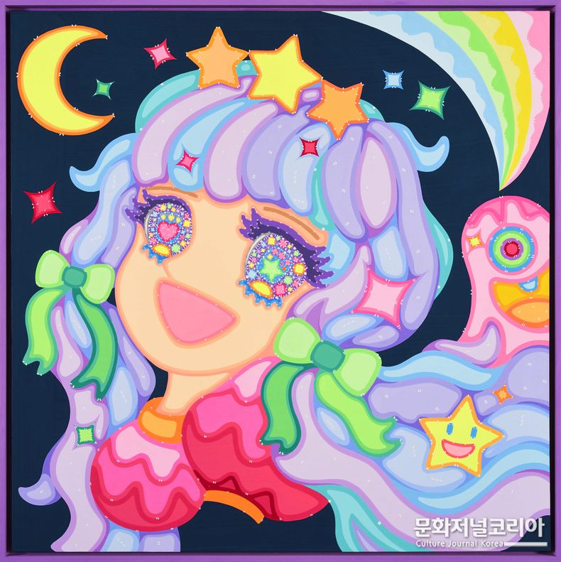 이사라, Wonderland, 99 x 99 cm, Acrylic on wood, 2023, Lavender frame