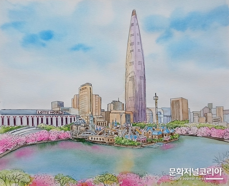 벚꽃 가득한 석촌호수 전경을 그린 그림
