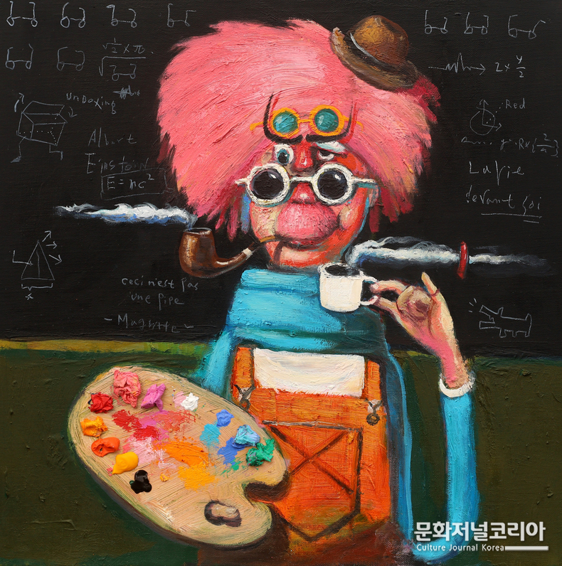 이은황_앤디워홀과 아인슈타인과 달리의 티타임_50x50cm_Oil on canvas_2025_300만원