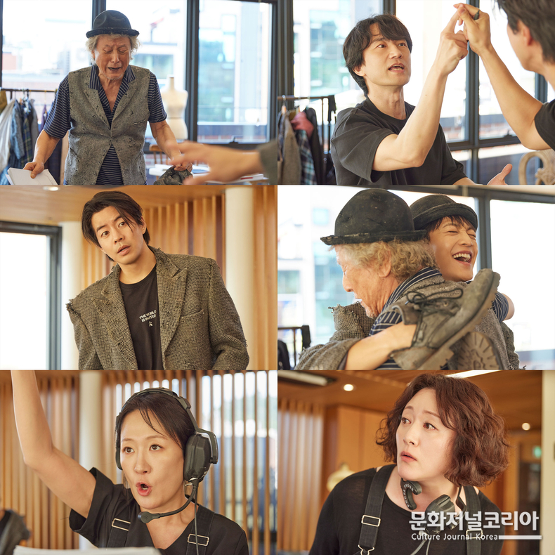 ▲ 연극 <고도를 기다리며를 기다리며> 연습사진. 왼쪽 위부터 시계방향으로 박근형, 김병철, 최민호, 신혜옥, 김가영, 이상윤 ㈜파크컴퍼니